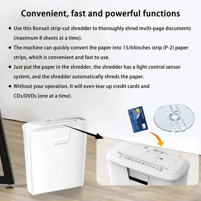 Alt view image 6 of 6 - Bonsaii Home Office Shredder, 8-Sheet Strip-Cut, Shreds CDs/Credit Cards, Features Overheat Protection, 3.4-Gallon Bin, White