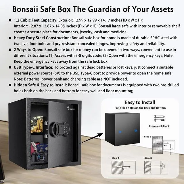 Alt view image 4 of 6 - Bonsaii Steel Safe Box with Digital Keypad Lock, 1.2 Cubic Feet Security Document Safe with Removable Shelf for Home, Hotel, Office, Valuables, Money, 12.99 x 14.17 x 12.99 Inches