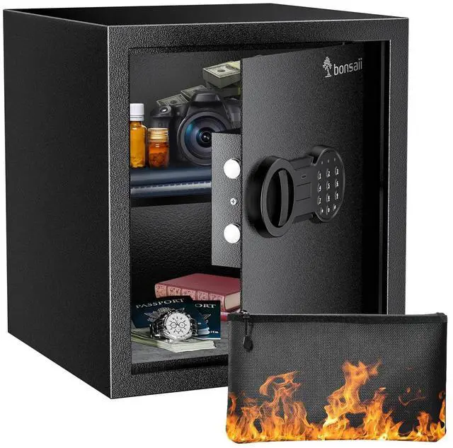 Main image of Bonsaii Safe Box with Key Lock, Steel Security Lock Box, 0.23 Cubic Feet, 9.06" W x 6.69" D x 6.69" H, Small Hidden Safe for Cash Jewelry