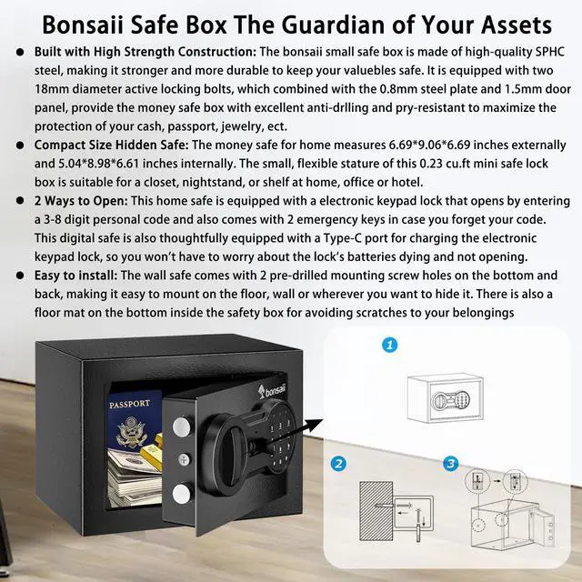 Alt view image 6 of 7 - Bonsaii Safe, 0.6 Cubic Safe Box with Electronic Keypad, Removable Shelf, for Valuables Jewelry and Documents in Home, Hotel, or Business, 9.84" x 13.78" x 9.84" Inches