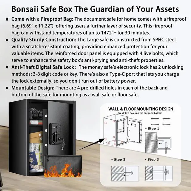Alt view image 6 of 7 - Bonsaii Safe Box with Key Lock, Steel Security Lock Box, 0.23 Cubic Feet, 9.06" W x 6.69" D x 6.69" H, Small Hidden Safe for Cash Jewelry