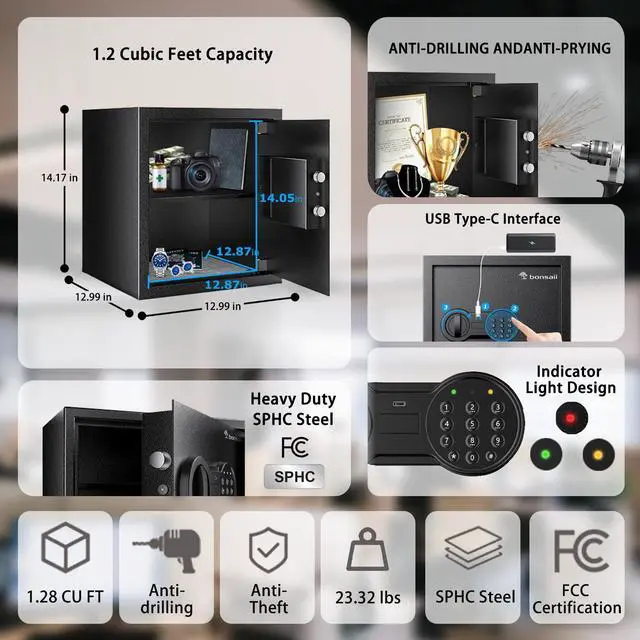 Alt view image 6 of 6 - Bonsaii Steel Safe Box with Digital Keypad Lock, 1.2 Cubic Feet Security Document Safe with Removable Shelf for Home, Hotel, Office, Valuables, Money, 12.99 x 14.17 x 12.99 Inches