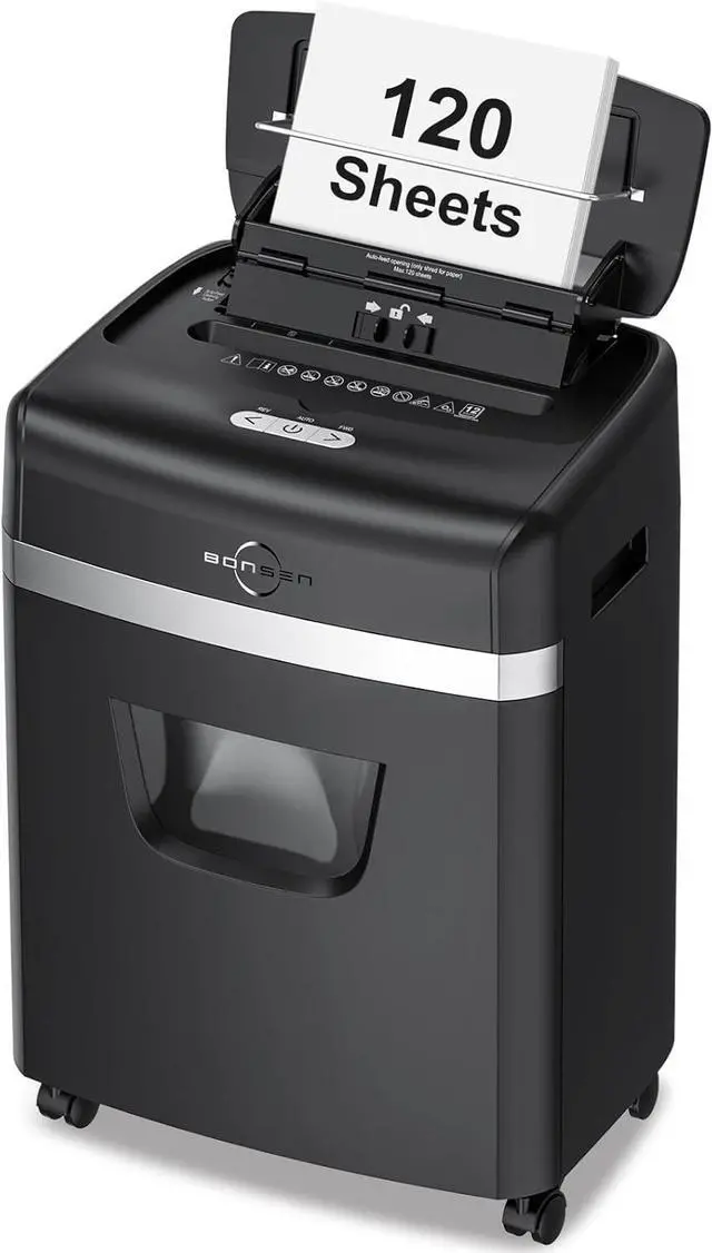 Main image of Bonsen Auto Feed Paper Shredder for Home Office, Micro Cut, 120-Sheet Capacity, 30 Minutes of Continuous Operation, Security Level P-4, 6-Gallon Waste Bin