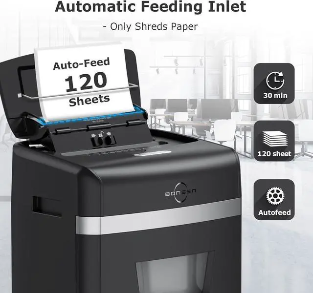 Alt view image 3 of 7 - Bonsen Auto Feed Paper Shredder for Home Office, Micro Cut, 120-Sheet Capacity, 30 Minutes of Continuous Operation, Security Level P-4, 6-Gallon Waste Bin
