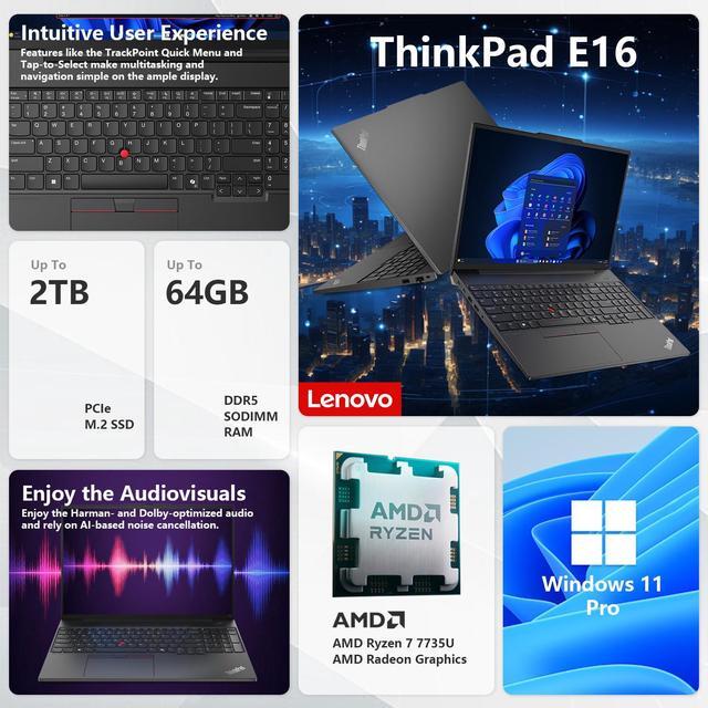Alt view image 2 of 7 - Lenovo ThinkPad E16 Gen 2 Business Laptop, 16" WUXGA, AMD Ryzen 7 7735U up to 4.75GHz, 16GB DDR5 RAM, 512GB SSD, Fingerprint, Backlit, HDMI, Wi-Fi 6, Win 11 Pro