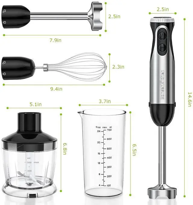 Alt view image 2 of 6 - Bonsenkitchen Hand Blender, 20-Speed & Turbo Immersion Blender, 4-in-1 Stainless Steel Stick Mixer with Egg Whisk, Beaker, and Chopper Bowl