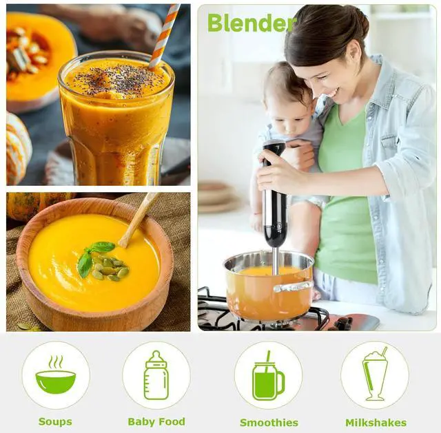 Alt view image 3 of 6 - Bonsenkitchen Hand Blender, 20-Speed & Turbo Immersion Blender, 4-in-1 Stainless Steel Stick Mixer with Egg Whisk, Beaker, and Chopper Bowl