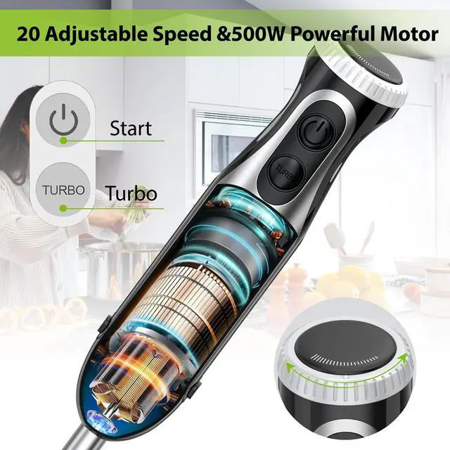 Alt view image 4 of 6 - Bonsenkitchen Hand Blender, 20-Speed & Turbo Immersion Blender, 4-in-1 Stainless Steel Stick Mixer with Egg Whisk, Beaker, and Chopper Bowl