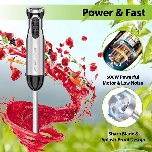 Alt view image 5 of 6 - Bonsenkitchen Hand Blender, 20-Speed & Turbo Immersion Blender, 4-in-1 Stainless Steel Stick Mixer with Egg Whisk, Beaker, and Chopper Bowl