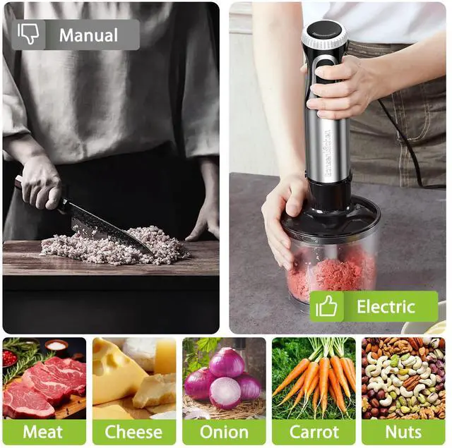 Alt view image 6 of 6 - Bonsenkitchen Hand Blender, 20-Speed & Turbo Immersion Blender, 4-in-1 Stainless Steel Stick Mixer with Egg Whisk, Beaker, and Chopper Bowl