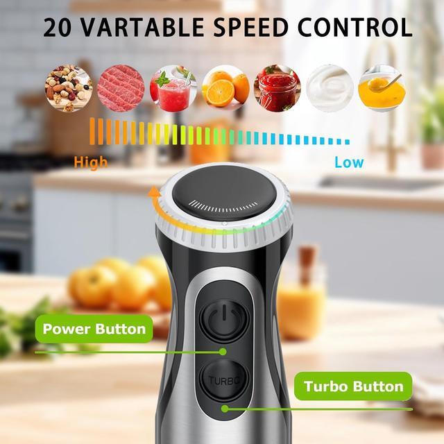 Alt view image 4 of 6 - Bonsenkitchen 500W Immersion Blender, 20-Speed & Turbo Hand Blender Stick with Whisk, 304 Stainless Steel for Soup, Smoothie, Puree & Baby Food