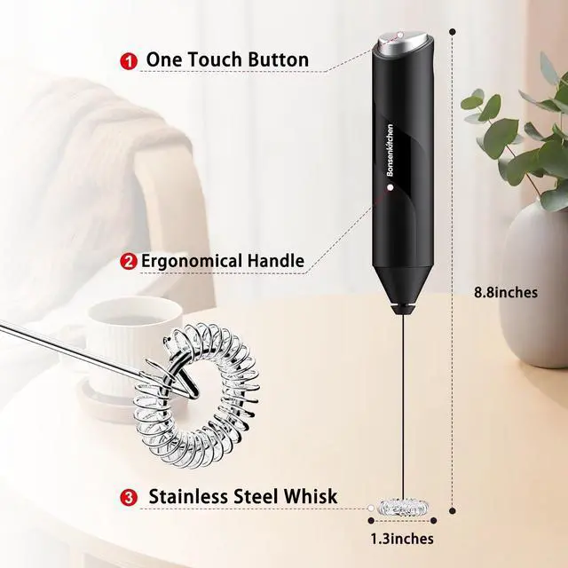Alt view image 4 of 6 - Bonsenkitchen Handheld Milk Frother, Electric Foam Maker with Stainless Steel Whisk, Battery - Operated Drink Mixer for Coffee, Lattes, Cappuccino, Matcha