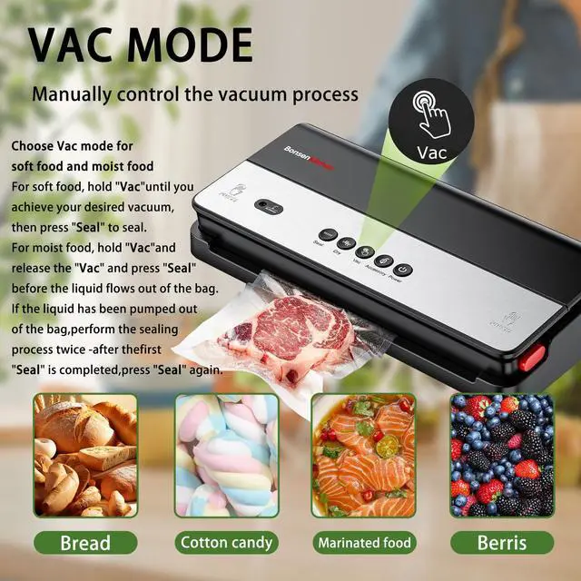 Alt view image 3 of 7 - Bonsenkitchen Vacuum Sealer Machine, Multi Functional Food Sealer with Built in Cutter & Bag Storage, Globefish Tech, Includes Vacuum Bags & Roll Bag, Bundle with 3 rolls 240"W x 8"/11"H sealer bags