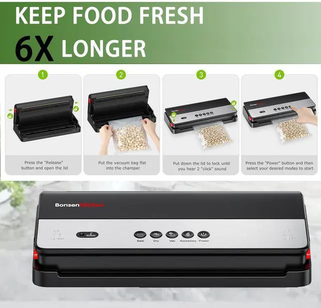 Alt view image 6 of 7 - Bonsenkitchen Vacuum Sealer Machine, Multi Functional Food Sealer with Built in Cutter & Bag Storage, Globefish Tech, Includes Vacuum Bags & Roll Bag, Bundle with 3 rolls 240"W x 8"/11"H sealer bags