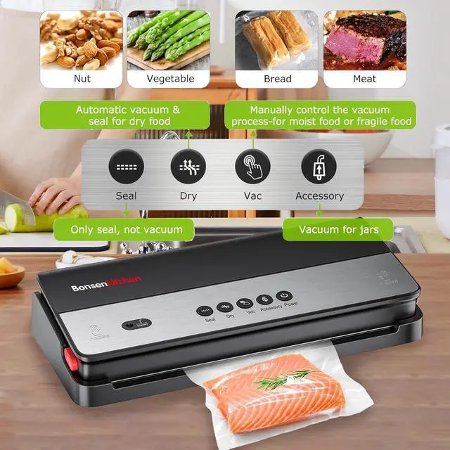 Alt view image 4 of 7 - Bonsenkitchen Vacuum Sealer Machine, Multi Functional Food Sealer with Built in Cutter & Bag Storage, Globefish Tech, Includes Vacuum Bags & Roll Bag, Bundle with 3 rolls 240"W x 8"/11"H sealer bags