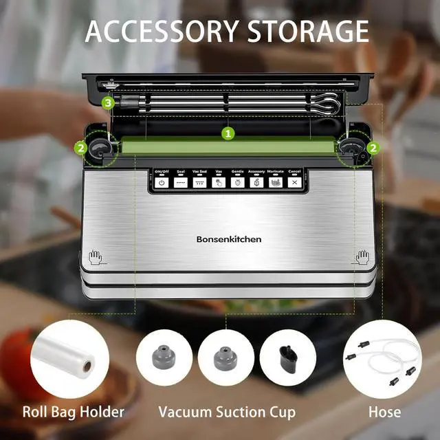 Alt view image 4 of 6 - Bonsenkitchen Vacuum Sealer Machine, Stainless Steel Food Sealer with 8-in-1 System & 6 Modes, Built in Cutter & Bag Storage, Starter Kit, Bright Silver