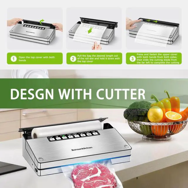 Alt view image 5 of 6 - Bonsenkitchen Vacuum Sealer Machine, Stainless Steel Food Sealer with 8-in-1 System & 6 Modes, Built in Cutter & Bag Storage, Starter Kit, Bright Silver