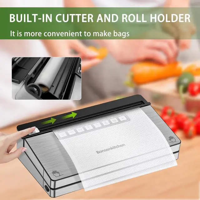 Alt view image 6 of 6 - Bonsenkitchen Vacuum Sealer Machine, Stainless Steel Food Sealer with 8-in-1 System & 6 Modes, Built in Cutter & Bag Storage, Starter Kit, Bright Silver