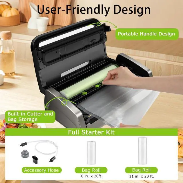 Alt view image 2 of 6 - Bonsenkitchen Vacuum Sealer Machine, Globefish Tech for Perfect Sealing, Low Noise with Easy Handle, Built in Cutter & Bag Storage, Includes 2 Bag Rolls