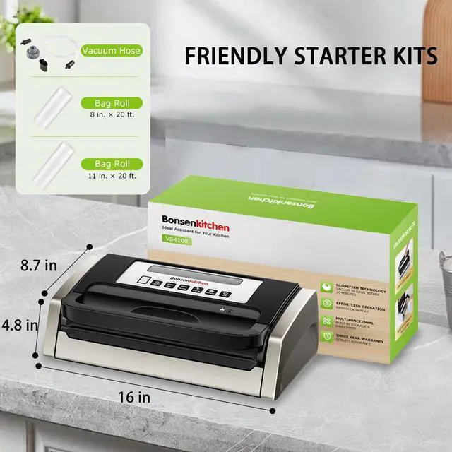 Alt view image 6 of 6 - Bonsenkitchen Vacuum Sealer Machine, Globefish Tech for Perfect Sealing, Low Noise with Easy Handle, Built in Cutter & Bag Storage, Includes 2 Bag Rolls