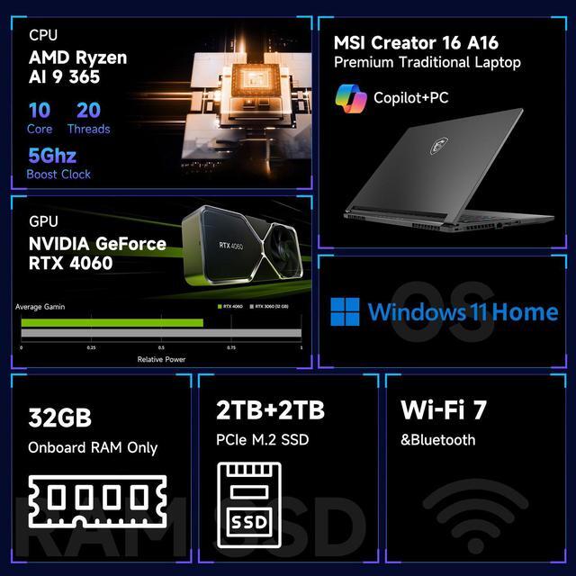 Alt view image 3 of 7 - MSI Creator 16 Copilot Business Laptop, 16" WQXGA 240Hz, AMD Ryzen AI 9 365, GeForce RTX 4060, 32GB RAM, 2TB + 512GB SSD, Creativity With AI Studio, Wi-Fi 7, Win 11 H, Grey