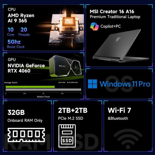 Alt view image 3 of 7 - MSI Creator 16 Copilot Business Laptop, 16" WQXGA 240Hz, AMD Ryzen AI 9 365, GeForce RTX 4060, 32GB RAM, 2TB + 2TB SSD, Creativity With AI Studio, Wi-Fi 7, Win 11 P, Grey