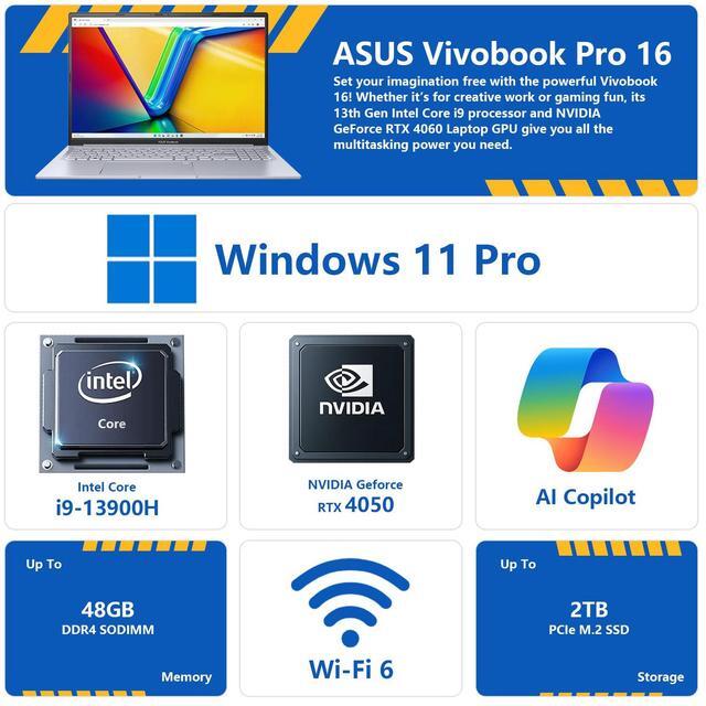 Alt view image 2 of 7 - ASUS Vivobook Pro 16 Business Laptop, 16" FHD+, Intel Core i9-13900H, GeForce RTX 4050, 20GB RAM, 2TB SSD, Wi-Fi 6, Win 11 P, Silver