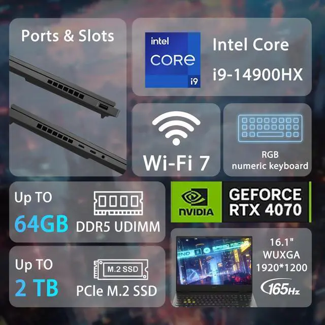 Alt view image 2 of 7 - HP OMEN 16.1" WUXGA 165Hz i9 RTX 4070 Premium Gaming Laptop, Intel Core i9-14900HX, NVIDIA GeForce RTX 4070, 64GB DDR5 RAM, 1TB SSD, RGB Backlit KB, Wi-Fi 7, W11P, HyperX Cloud Headset