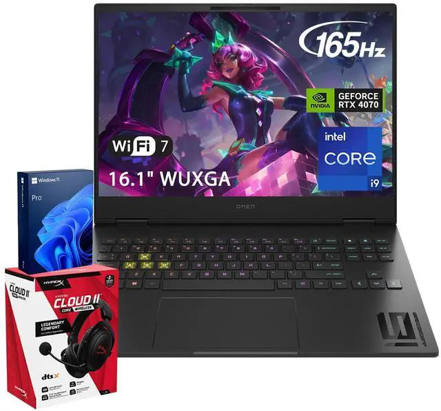 Main image of HP OMEN 16.1" WUXGA 165Hz i9 RTX 4070 Premium Gaming Laptop, Intel Core i9-14900HX, NVIDIA GeForce RTX 4070, 64GB DDR5 RAM, 1TB SSD, RGB Backlit KB, Wi-Fi 7, W11P, HyperX Cloud Headset