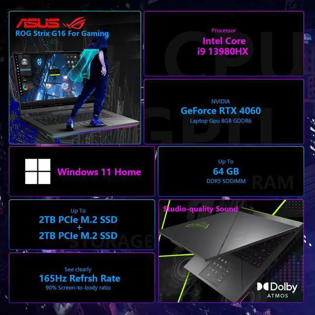 Alt view image 5 of 7 - ASUS ROG Strix G16 VR-Ready Gaming Laptop, 16" FHD+ 165Hz Display, Intel Core i9-13980HX, NVIDIA GeForce RTX 4060, 32GB DDR5 RAM, 1TB SSD, RGB Backlit KB, Wi-Fi 6, RJ-45, Win 11 Home, Grey