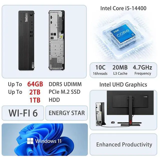 Alt view image 2 of 6 - Lenovo ThinkCentre M70s Business SFF Desktop, Intel Core i5-14400, 16GB DDR5 RAM, 512GB SSD, Wi-Fi 6, Windows 11 Pro, Black
