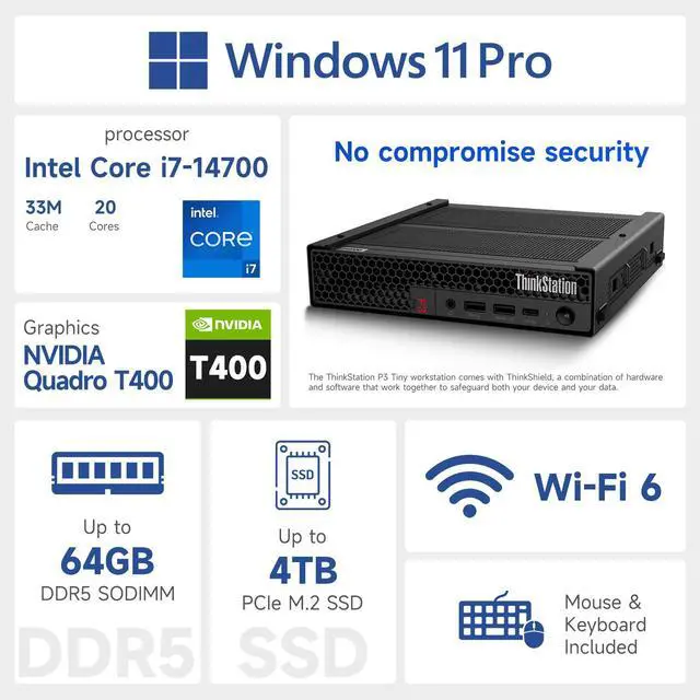 Alt view image 2 of 7 - Lenovo ThinkStation P3 Tiny Workstation for Business, Intel 20-Core i7-14700, NVIDIA T400, 16GB DDR5, 512GB SSD, HDMI, DP, Wi-Fi 6, W11 Pro, Black