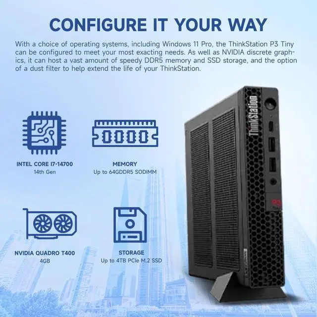 Alt view image 5 of 7 - Lenovo ThinkStation P3 Tiny Workstation for Business, Intel 20-Core i7-14700, NVIDIA T400, 16GB DDR5, 512GB SSD, HDMI, DP, Wi-Fi 6, W11 Pro, Black