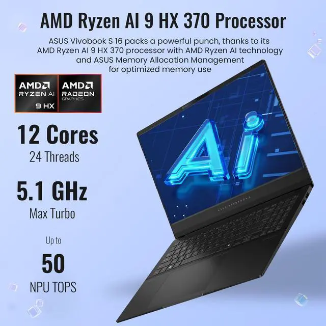 Alt view image 3 of 7 - ASUS Vivobook S 16 AI Copilot+ Business Laptop, 15.6 2.8K(2880x1620) 120Hz, AMD Ryzen AI 9 HX 370, 32GB RAM, 1TB SSD, Radeon Graphics, Wi-Fi 6, RGB Backlit, FHD Camera, Windows 11 Home, Black