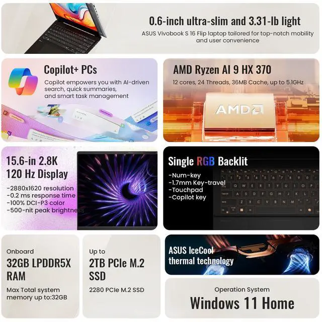 Alt view image 2 of 7 - ASUS Vivobook S 16 AI Copilot+ Business Laptop, 15.6 2.8K(2880x1620) 120Hz, AMD Ryzen AI 9 HX 370, 32GB RAM, 1TB SSD, Radeon Graphics, Wi-Fi 6, RGB Backlit, FHD Camera, Windows 11 Home, Black
