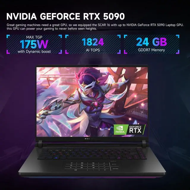 Alt view image 4 of 7 - ASUS ROG Strix SCAR Ultra 9 RTX 5090 Gaming Laptop, 16" WQXGA 240Hz, Intel Core Ultra 9 275HX, NVIDIA GeForce RTX 5090, 64GB DDR5 RAM, 2TB SSD, Wi-Fi 7, RGB Backlit Keyboard, Window 11 Pro, Black