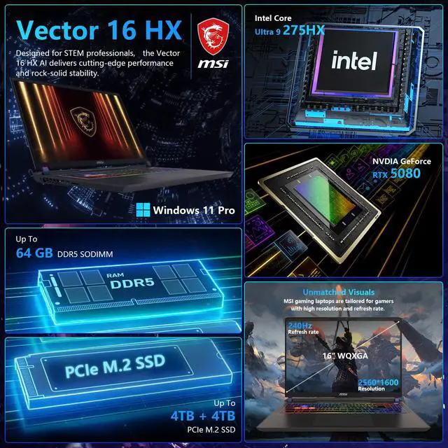 Alt view image 5 of 7 - MSI Vector 16 HX RTX 5080 AI Gaming Laptop, 16" QHD+ 240Hz Display, Intel Ultra 9 275HX, NVIDIA GeForce RTX 5080, 32GB DDR5 RAM, 1TB SSD, Wi-Fi 6, RGB Backlit Keyboard, Window 11 Pro, Gray