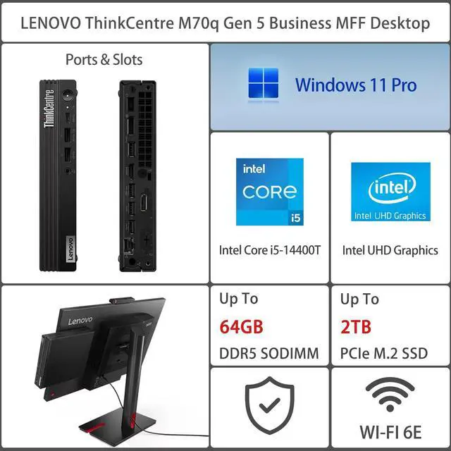 Alt view image 2 of 7 - Lenovo ThinkCentre M70q Tiny Business Desktop, Intel Core i5-14400T, 16GB DDR5, 512GB SSD, HDMI, DP, Wi-Fi 6E, Support 3-Monitor 4K, Wired KB & Mouse, Windows 11 Pro, Black