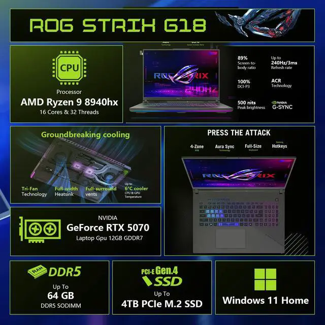 Alt view image 5 of 7 - ASUS ROG Strix G18 Pro Gaming Laptop, 18" 2.5K 240Hz/3ms Nebula Display, AMD Ryzen 9 8940HX, NVIDIA RTX 5070 with ROG Boost & Cooling, 64GB DDR5, 2TB SSD, RGB Backlit KB, Aura Sync Light Bar, Win11 P