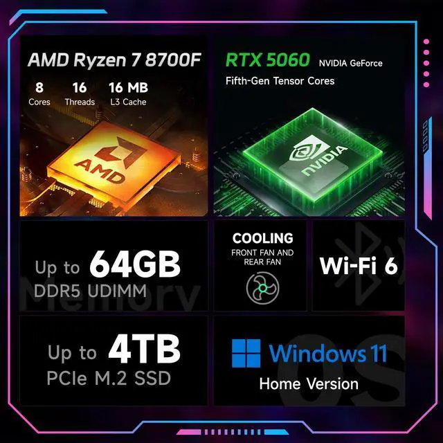 Alt view image 4 of 7 - HP OMEN 16L RTX 5060 Gaming Desktop, AMD Ryzen 7 8700F, NVIDIA RTX 5060,16GB DDR5 RAM, 1TB SSD, DP, RJ-45, Wi-Fi 6, W11 Home, Black