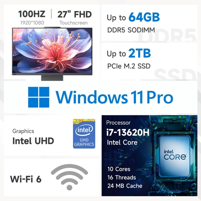Alt view image 2 of 7 - Lenovo ThinkCentre 27" All-in-One, Intel Core i7-13620H, 16GB DDR5 RAM, 1TB SSD, Windows 11 Pro, Black