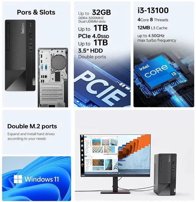 Alt view image 2 of 6 - Lenovo ThinkCentre neo 50t Business Tower Desktop, Intel Core i3-13100, 16GB DDR5 RAM, 1TB SSD, Wi-Fi, Windows 11 Pro, Black