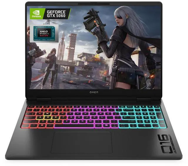 Main image of HP Omen MAX Gaming Laptop, 16" WQXGA 240Hz, AMD Ryzen AI 9 HX 375, NVIDIA RTX 5060, 32GB DDR5 RAM, 1TB SSD, RGB keyboard, Wi-Fi 7, Windows 11 Home, Black