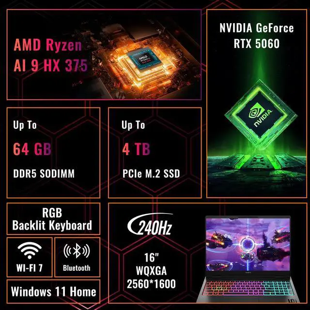Alt view image 2 of 7 - HP Omen MAX Gaming Laptop, 16" WQXGA 240Hz, AMD Ryzen AI 9 HX 375, NVIDIA RTX 5060, 32GB DDR5 RAM, 1TB SSD, RGB keyboard, Wi-Fi 7, Windows 11 Home, Black