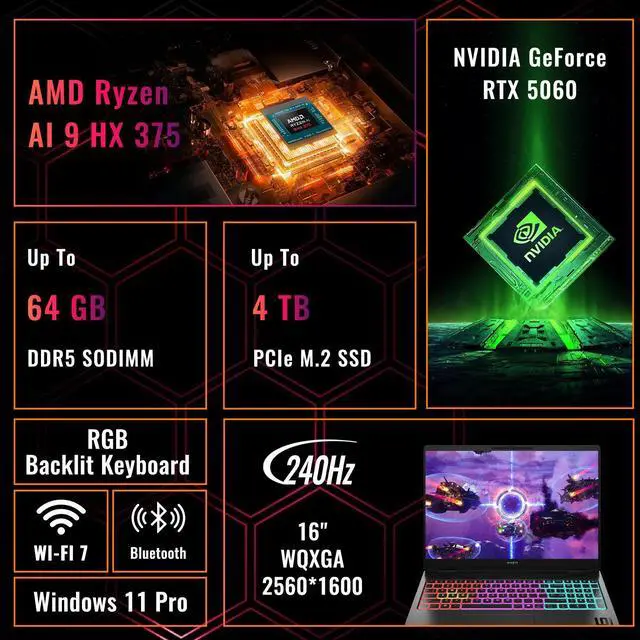 Alt view image 2 of 7 - HP Omen MAX Gaming Laptop, 16" WQXGA 240Hz, AMD Ryzen AI 9 HX 375, NVIDIA RTX 5060, 32GB DDR5 RAM, 1TB SSD, RGB keyboard, Wi-Fi 7, Windows 11 Pro, Black
