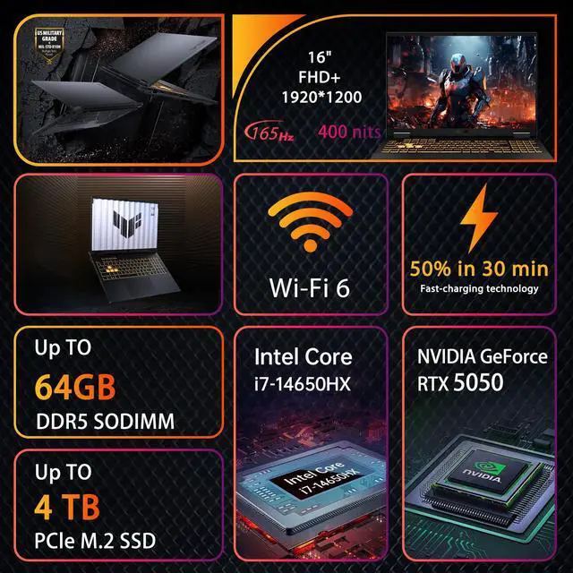 Alt view image 5 of 7 - ASUS TUF F16 AI VR-Ready RTX 5050 Gaming Laptop, 16 FHD+ 165Hz for Smooth FPS, Intel Core i7-14650HX, Nvidia GeForce RTX 5050, 32GB DDR5, 1TB SSD, RGB Backlit KB, MUX Switch, FHD Webcam, Win11 Home