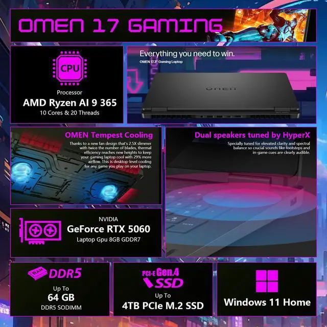 Alt view image 5 of 7 - HP OMEN 17.3" AI-Boosted FPS FHD 144Hz IPS Gaming Laptop, AMD Ryzen AI 9 365(Beats i9), NIVIDIA GeForce RTX 5060, 16GB DDR5, 1TB SSD, RGB Backlit KB, Wi-Fi 6, EyeSafe Low Blue Light, Windows 11 Home