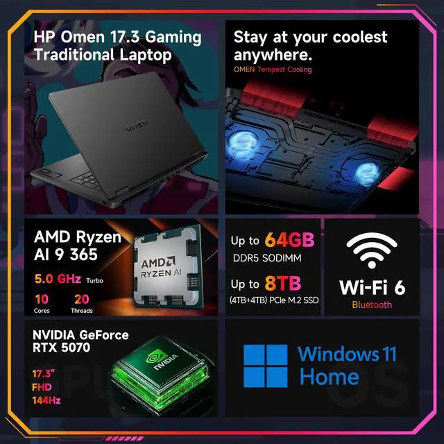 Alt view image 5 of 7 - HP OMEN 17.3 RTX 5070 AI Gaming Laptop, 17.3" FHD IPS 144Hz, AMD Ryzen AI 9 365, NVIDIA GeForce RTX 5070, 64GB DDR5 RAM, 2TB SSD, RGB Backlit KB, Low Blue Light, Wi-Fi 6, W11H