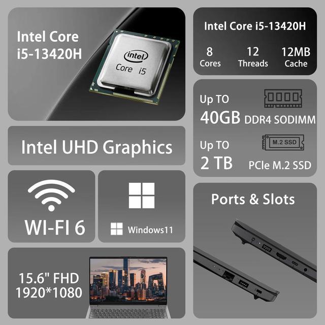 Alt view image 2 of 6 - Lenovo V-Series Business Laptop, 15.6" FHD 1920×1080, Intel Core i5-13420H, 16GB RAM, 1TB SSD, Wi-Fi 6, HDMI, USB-C, Windows 11 Home, Grey