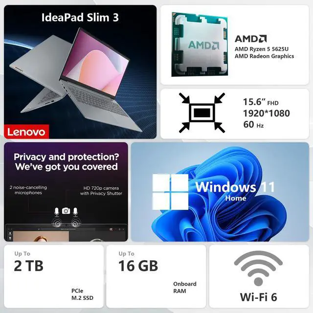 Alt view image 2 of 6 - Lenovo IdeaPad Slim 3 Laptop, 15.6" FHD Display, AMD Ryzen 5 5625U, 16GB RAM, 1TB SSD, Backlit KB, SD Card Reader, Webcam, HDMI, Wi-Fi 6, Windows 11 Home, Grey